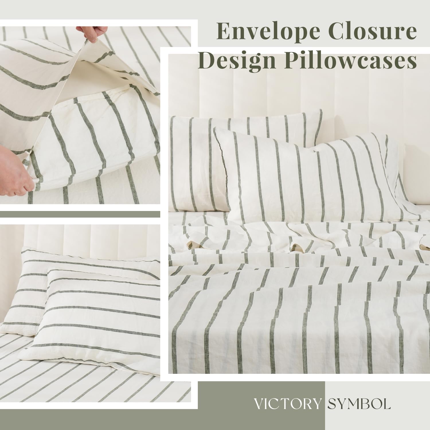 S VICTORY SYMBOL 100% Organic Linen Sheets Set Striped,Yarn Dyed Green Vertical Stripe Bed Sheets King Size,French Natural Flax Bedding Set 4pcs