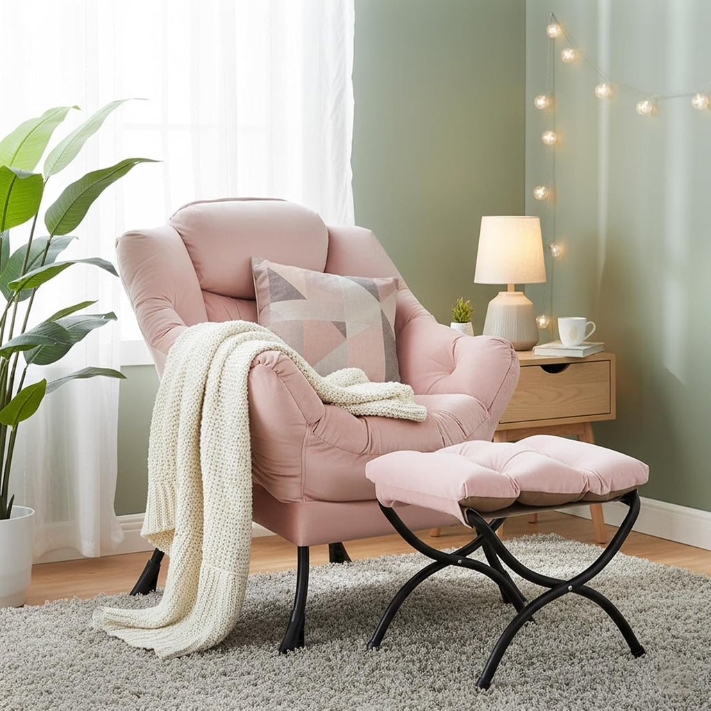 Welnow Lazy Chair with Ottoman, Modern Accent Chair with Armrests and a Side Pocket, Leisure Sofa Armchair, Reading Armchair with Footrest for Small Space, Pink
