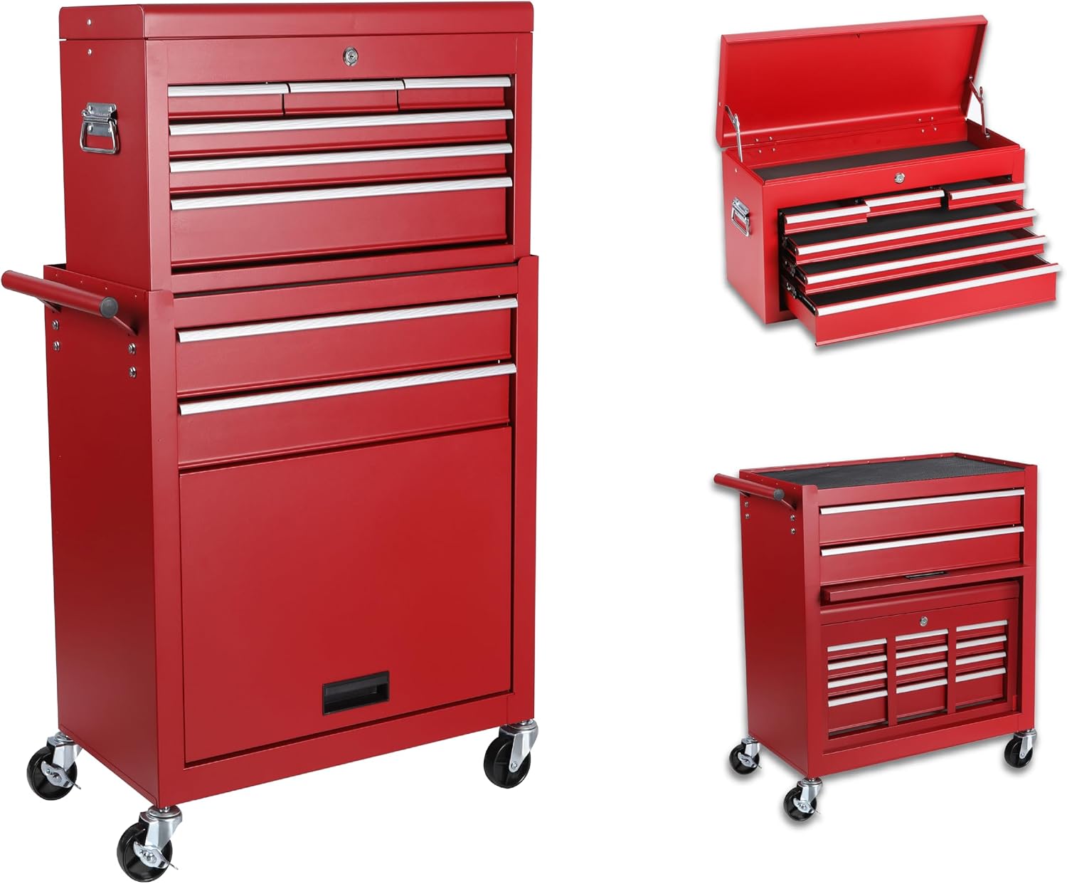 Tool Chest, 8-Drawer Rolling Tool Storage Cabinet with 2 in 1 Detachable Top Tool Box, Liner, Lockable Wheels, Side Hooks,Metal Tool Cart for Garage (8-Drawer Red)