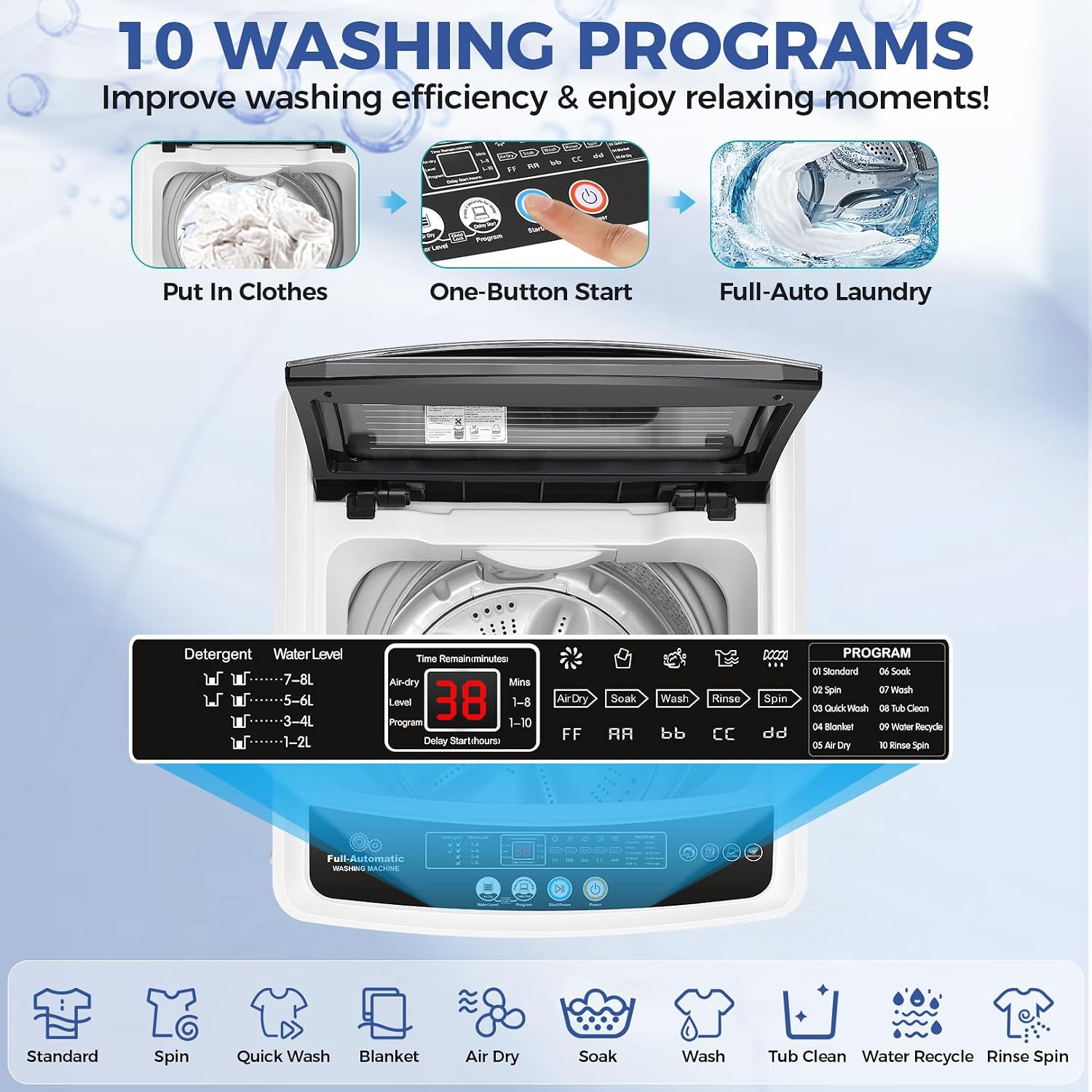 Nictemaw Portable Washing Machine, 20Lbs Capacity Full-Automatic Portable Washer, 2.8Cu.ft Washer and Dryer Combo with Drain Pump, LED Display, 10 Programs & 8 Water Levels, Slow-Close Glass Lid