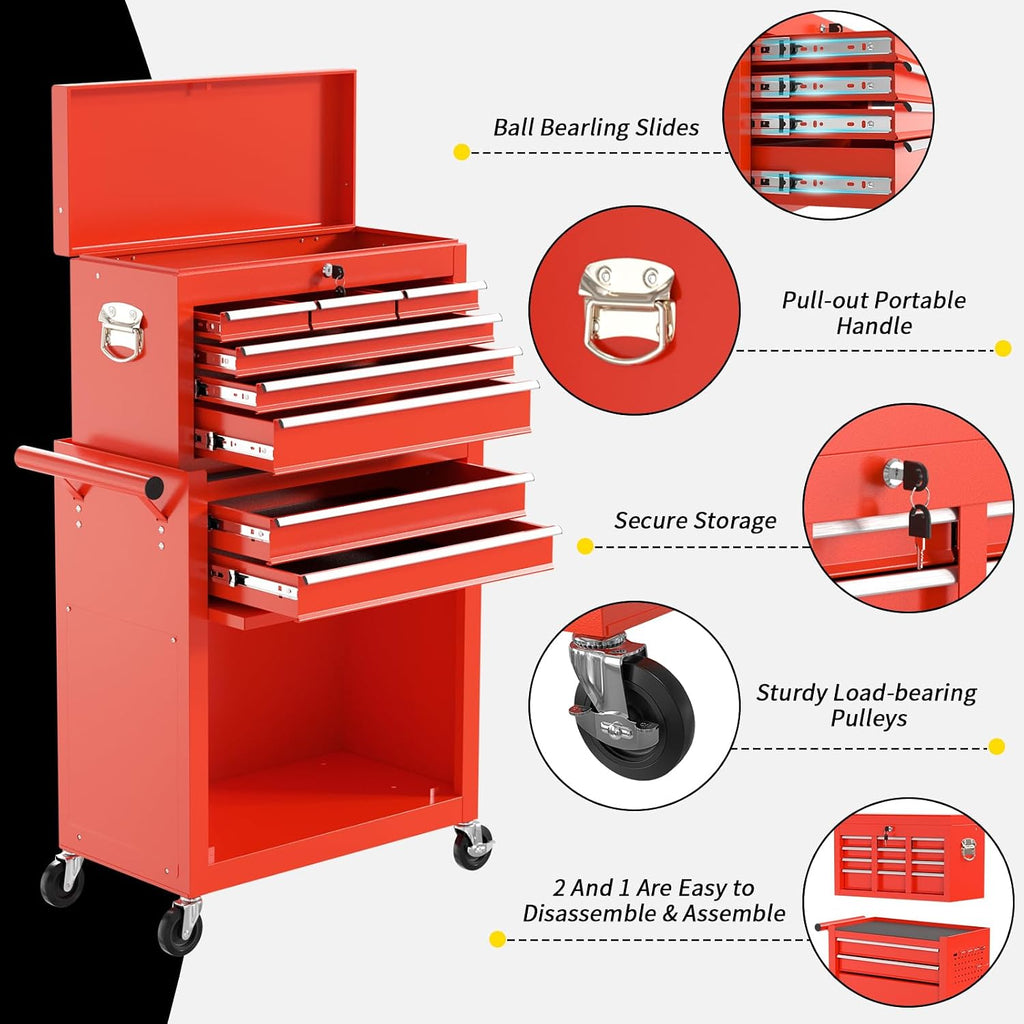 On Shine 8 Drawer Rolling Tool Chest, Large Capacity Rolling Tool Box with Wheels, Locking Mechanical Tool Chest, Portable Tool Box with Sliding Drawers,Metal Tool Box for Garage Workshop (Red)