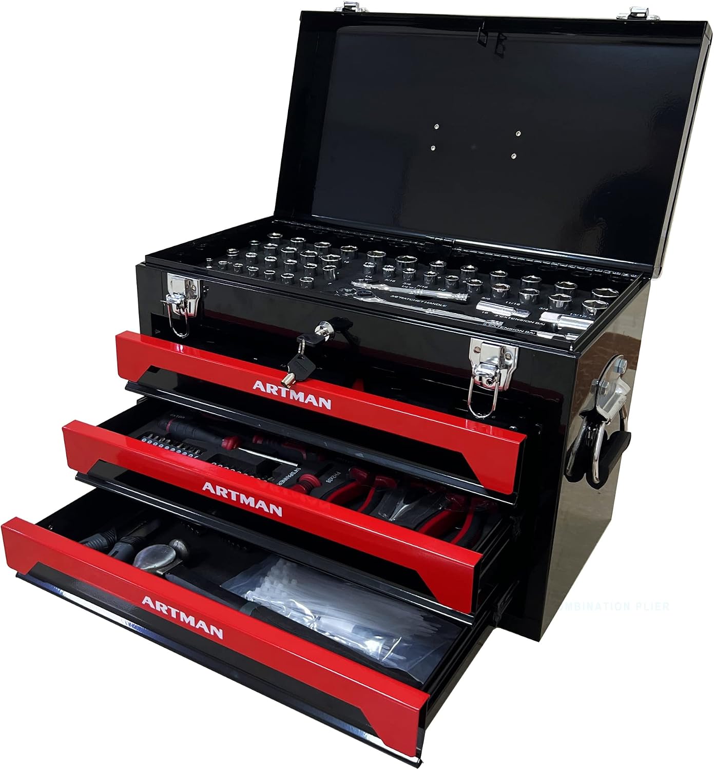 Tool Box Including 439 Pieces of Mechanics Tool Kit, 4-Drawer High Capacity Tool Chest, Lockable Home Repair Tool Storage Organizer with Sliding Drawers for Garage,Black and Red