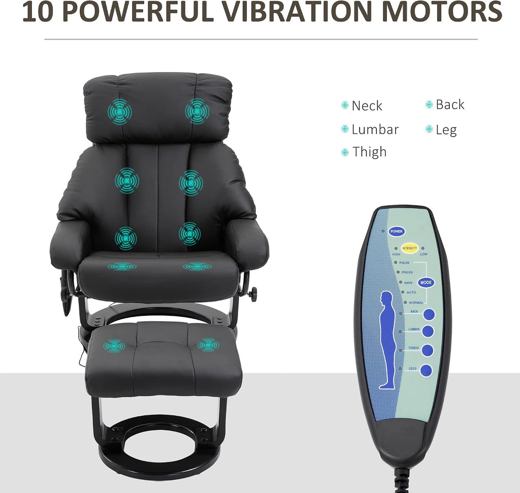 HOMCOM Massage Recliner Chair with Ottoman, 360° Swivel Recliner and Footstool, 10 Point Vibration, PU Leather Reclining Chair with Side Pocket and Remote Control, Black