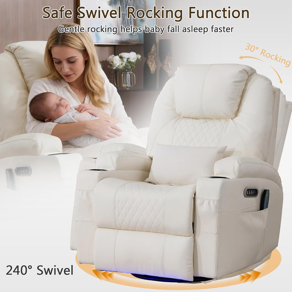 Dual Motor Power Swivel Rocker Recliner Chair with Heat and Massage,Electric Glider Rocking Chairs for Nursery,Theater Seating with LED Lights, USB A/USB C Ports for Living Room (1, Beige)