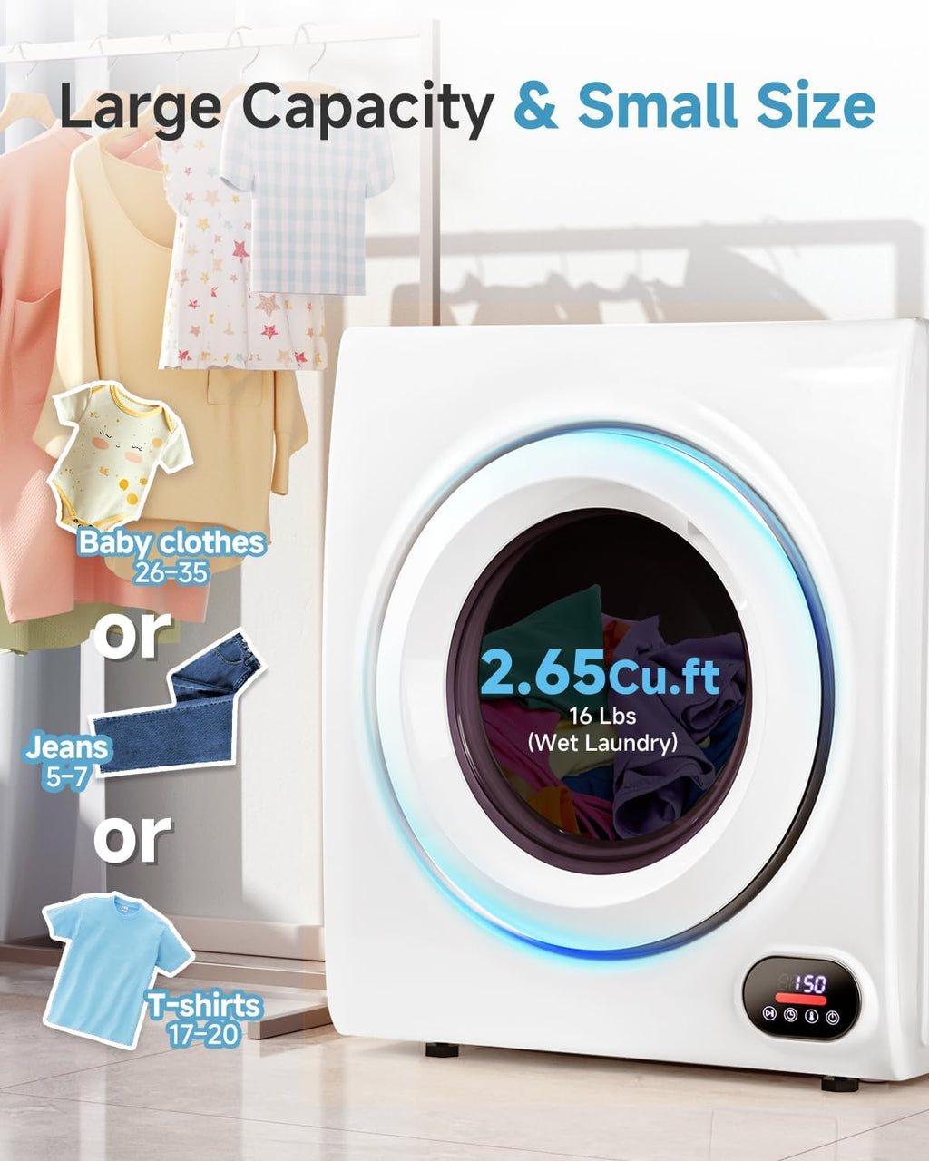 Feelfunn 2.65 Cu.Ft Portable Clothes Dryer - 1400W Clothes Dryer with Stainless Steel Tub, Front Load Tumble, LCD Touch Panel - Compact Drying Unit for Laundry, Apartments, Dorms