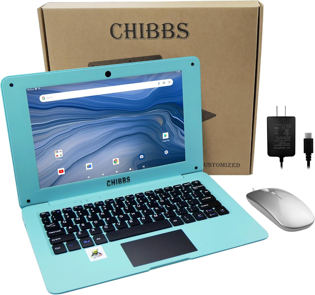 CHIBBS Laptop Computer- 10.1' Inch Kids Laptop Computer Powered by Android 12.0 -Quad Core Processor- 2+64gb ROM-Camera- Bluetooth- 2*USB- WiFi- Blue
