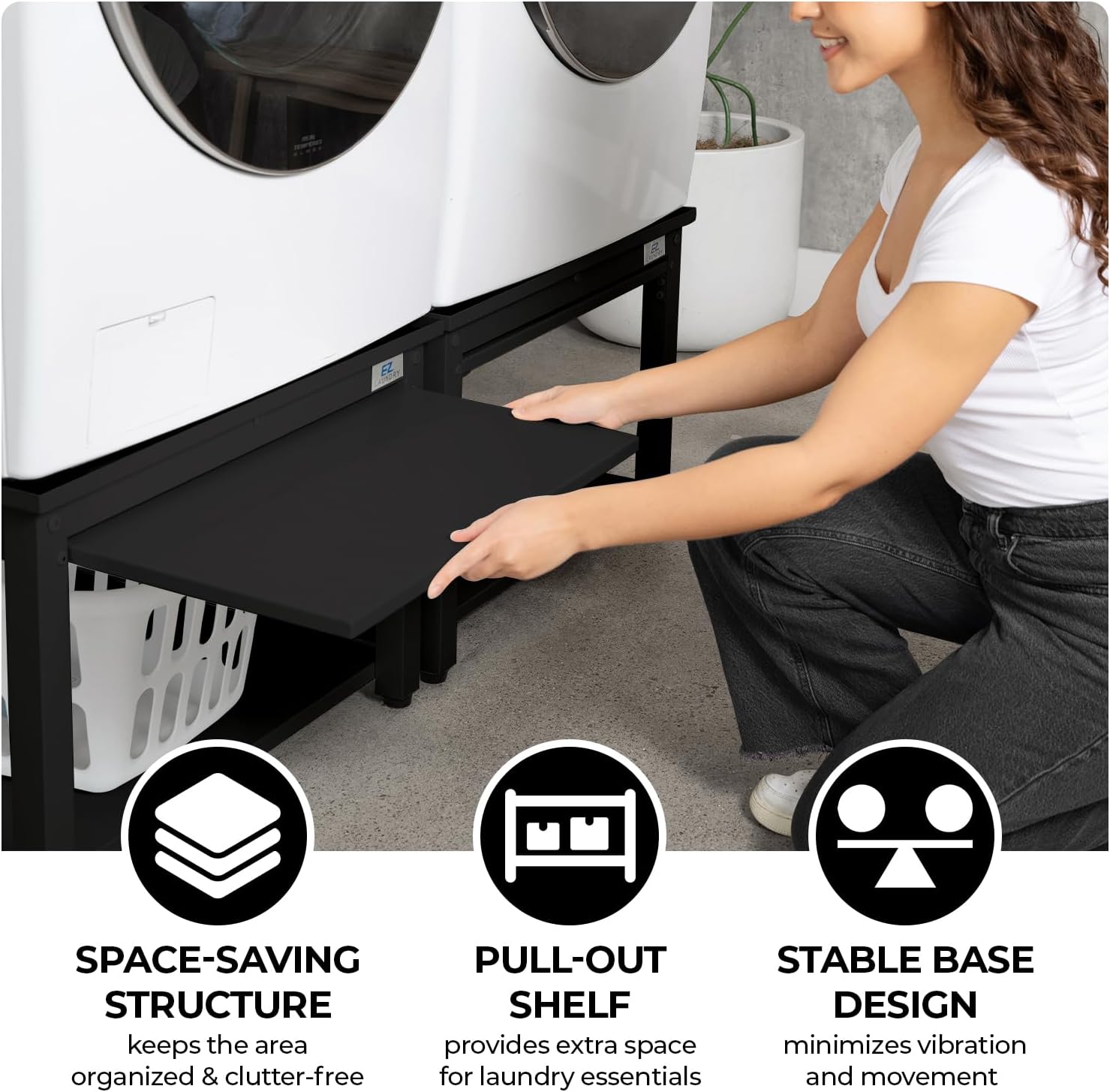 Washer and Dryer Pedestal with Pullout-Shelf - 27' W, 18' H, Black Steel Universal Fit with Major Brands | Laundry Pedestal with Drain Pan & Hose | Washer Stand for Back Pain Relief, 800 lbs Capacity