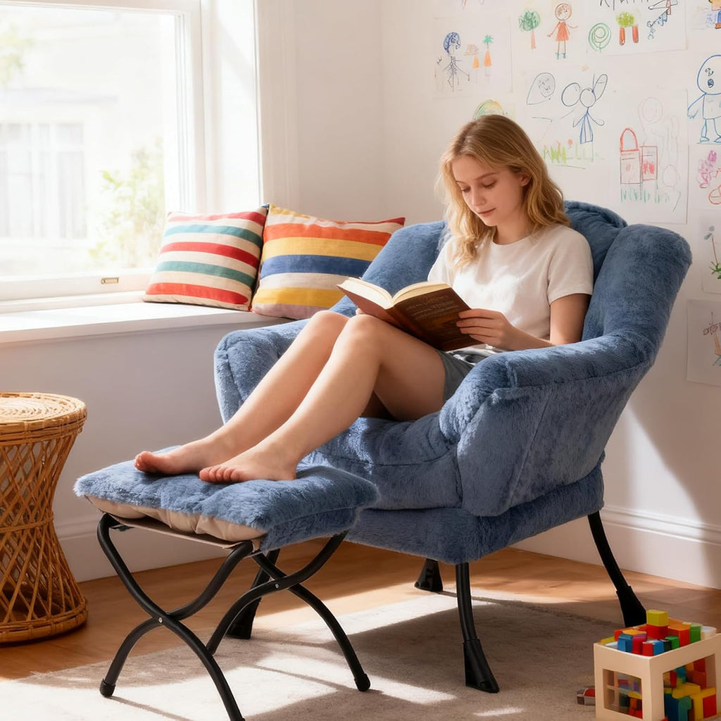 Welnow Lazy Chair with Ottoman, Modern Accent Chair with Armrests and a Side Pocket, Leisure Sofa Armchair Set, Reading Armchair with Footrest for Small Space, Plush Light Blue