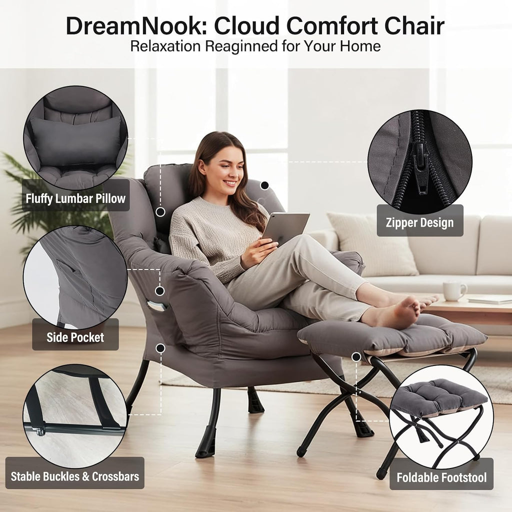 Lazy Chair with Ottoman, Modern Accent Chair with Lumbar Pillow, Dark Grey Sofa, Armchairs with Folding Footrest, Oversized Supportive Chairs for Bedroom, Reading