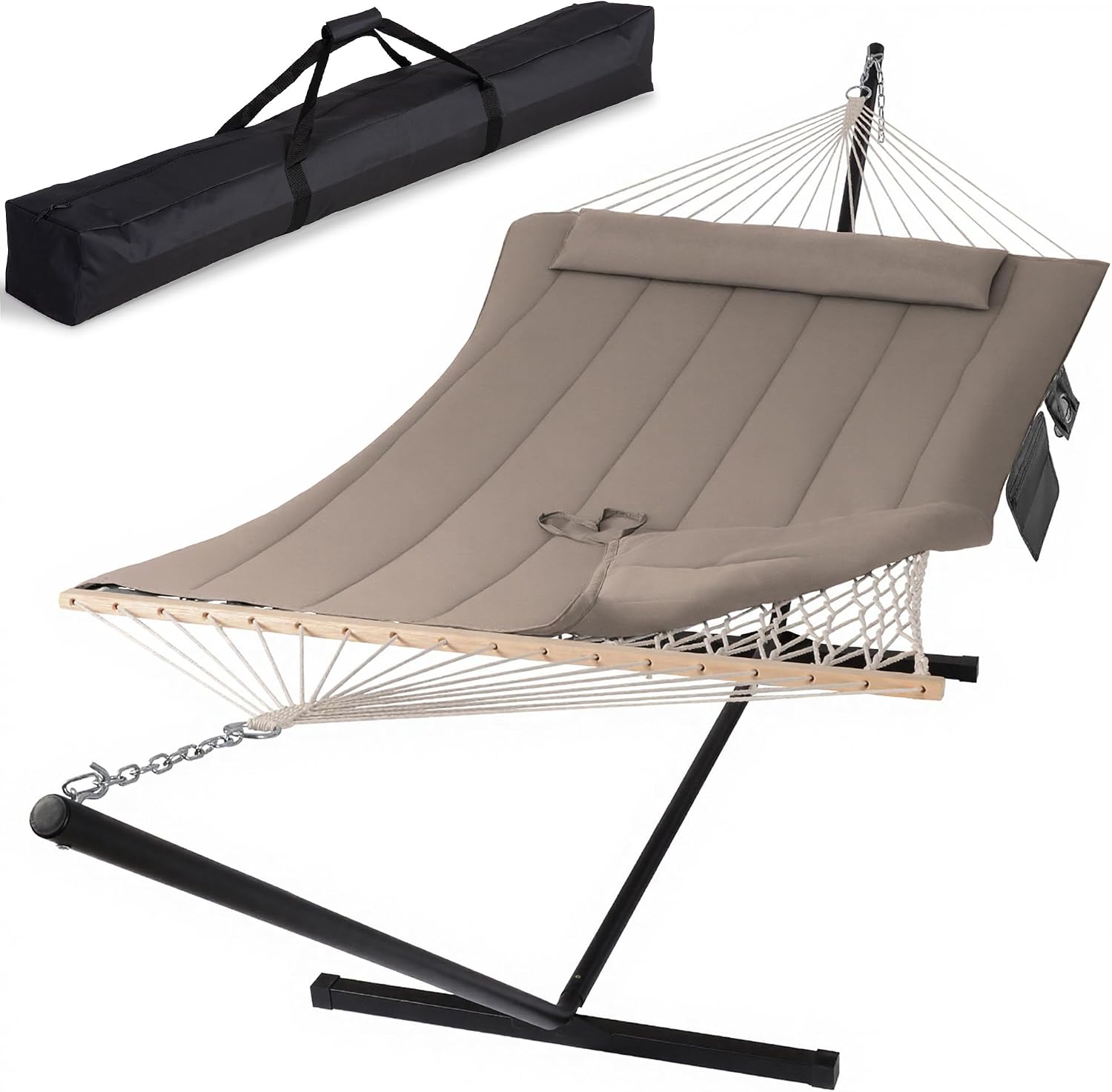SUNCREAT Hammocks Two Person Hammock with 12ft Stand Included, Max 475lbs Capacity, Heavy Duty Free Standing Hammock, Coffee