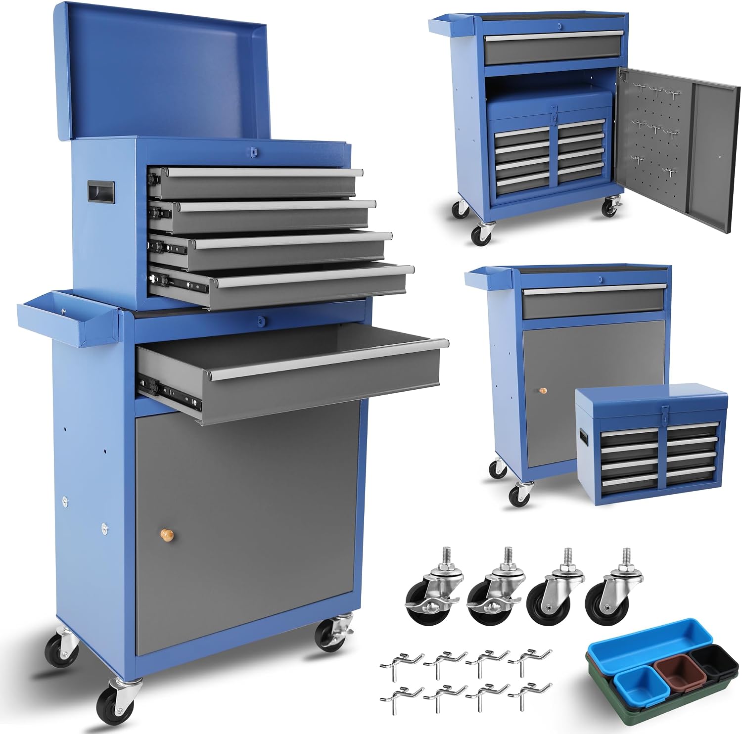 Large Rolling Tool Chest,5-Drawer Tool Boxes On Wheels with Organizer Bins,Mobile Steel Detachable Tool Cabinet with Hooks,Adjustable Shelf & Locking System for Workshop Garage Grey
