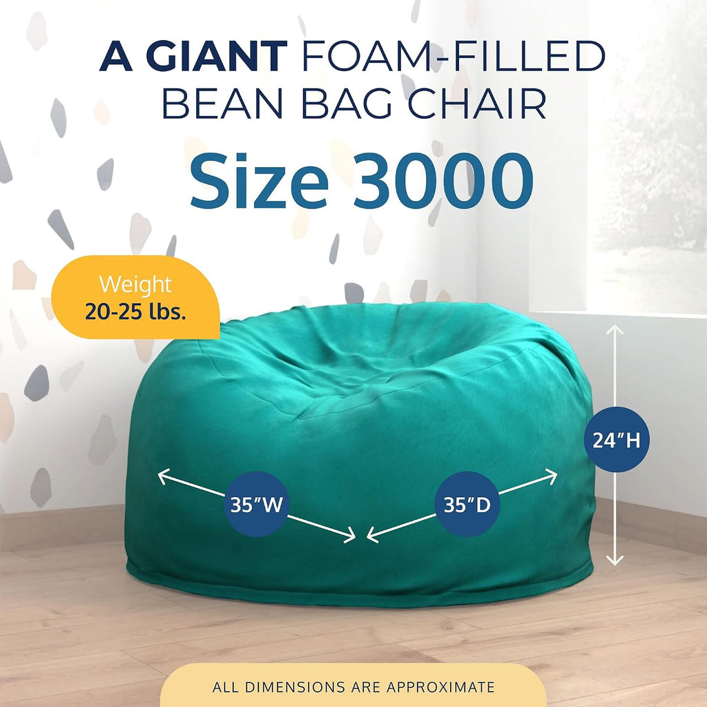Ultimate Sack 3000 3-Foot Bean Bag Chair, Teal Suede Cover – Oversized Foam Lounger, Floor Seat, Small Sofa, or Couch Bed for Living Area, Gaming Room, or Reading Lounge