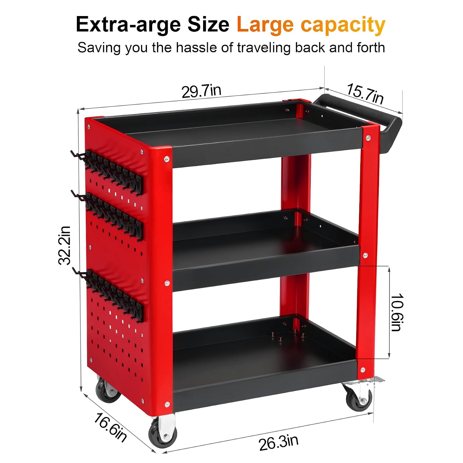 3 Tier Rolling Tool Cart on Wheels, Mechanic Storage Organizer, Rolling Work Cart with Pegboard for Garage, Workshop, Warehouse (Red and Black)