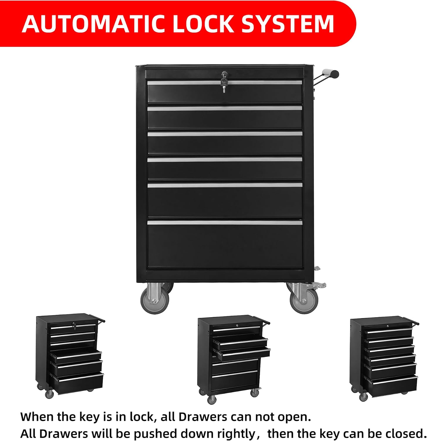 LuckyNote】6-Drawer Rolling Tool Chest Cabinet, Large Capacity Metal Tool Box with Wheels and Locking, Roll Around Storage Organizer Tool Cart for Garage, Warehouse, Work Shop - Black,24.2x13x34.6