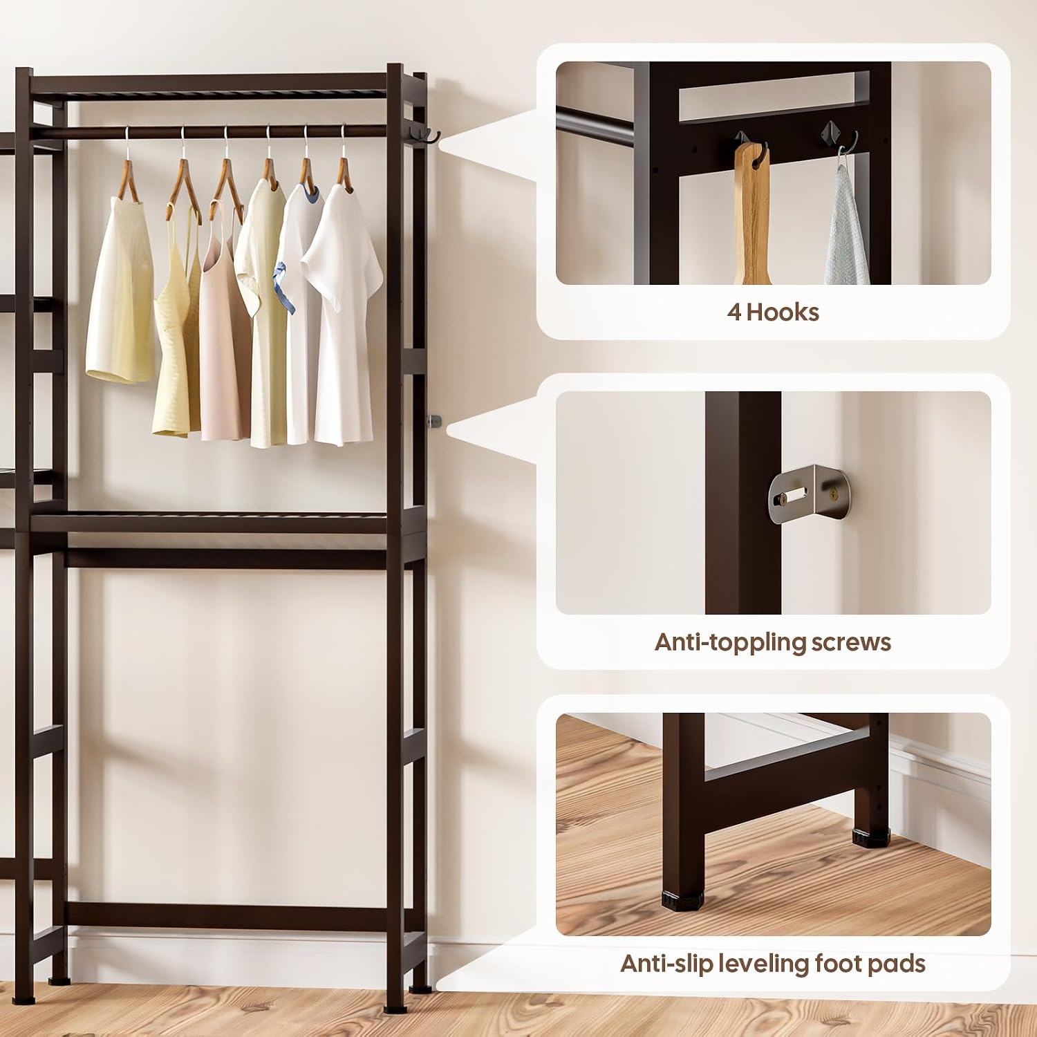 Cozivolife Over The Washer and Dryer Storage Shelf Bamboo,5 Tiers Laundry Room Drying Rack with Adjustable Shelves and 4 Hooks,Space Saver Organizer for Hanging Clothes and Towels (Brown)