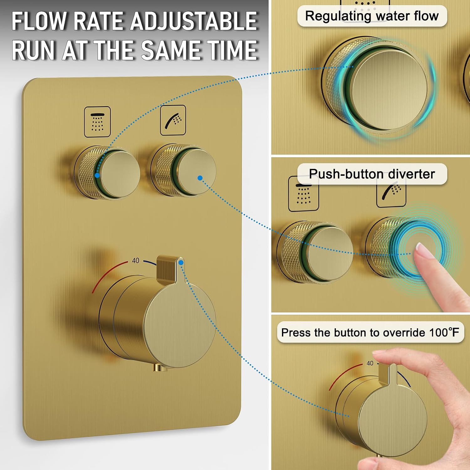 Iriber Thermostatic Shower System Wall Mount with Adjustable Water Flow Push Button Diverter,13 Inch Gold Rectangle Rainfall Shower Head and Handheld,Brushed Gold