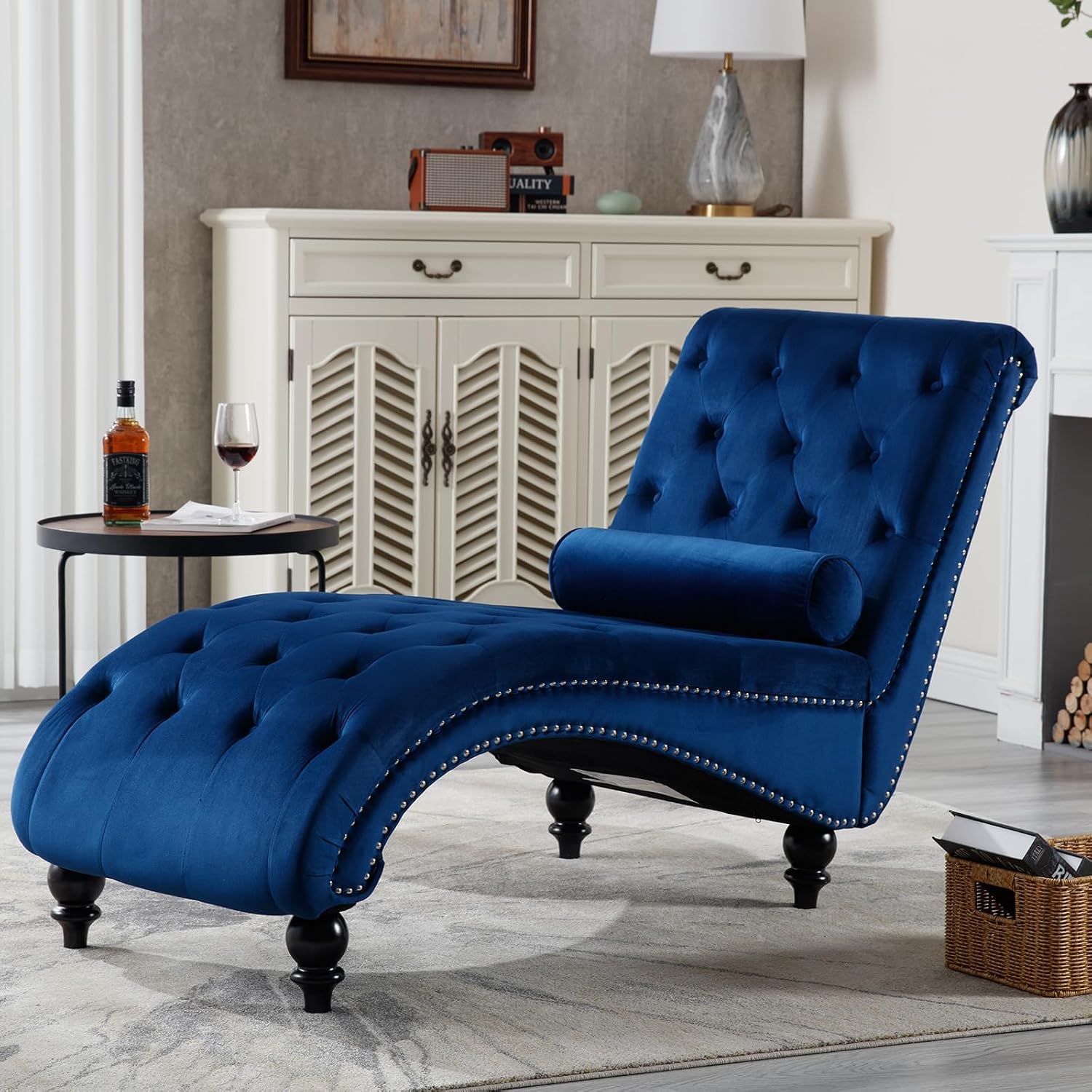 Velvet Chaise Lounge Indoor,Button-Tufted Upholstered Chaise Lounge Chair with Pillow for Bedroom Living Room Office Modern Backrest Leisure Recliner Sleep Sofa (Blue)