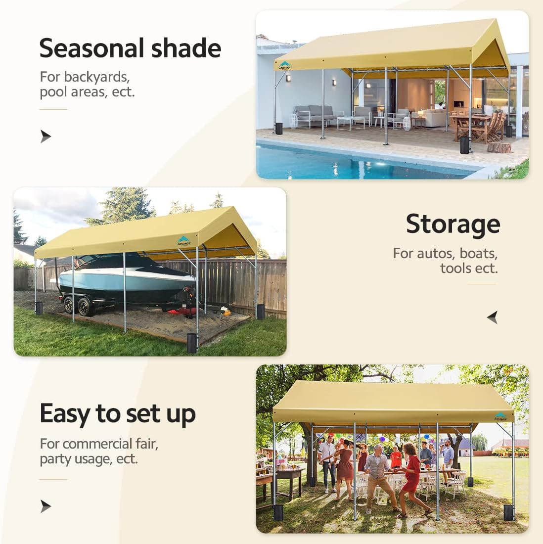 ADVANCE OUTDOOR 12x20 ft Canopy Garage Heavy Duty Carport Car Boat Shelter Party Tent, Adjustable Peak Height from 9.5ft to 11ft, Beige