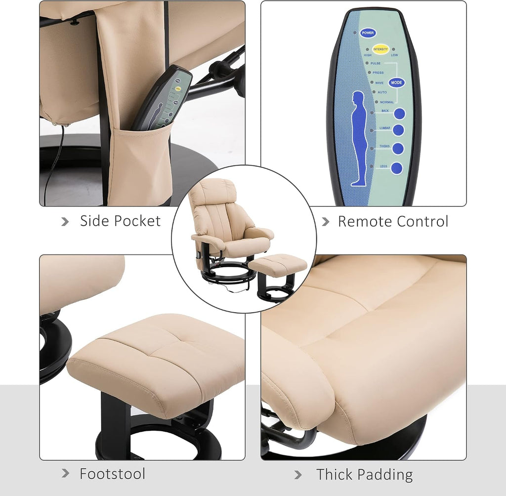HOMCOM Massage Recliner Chair with Ottoman, 360° Swivel Recliner and Footstool, 10 Point Vibration, PU Leather Reclining Chair with Side Pocket and Remote Control, Beige