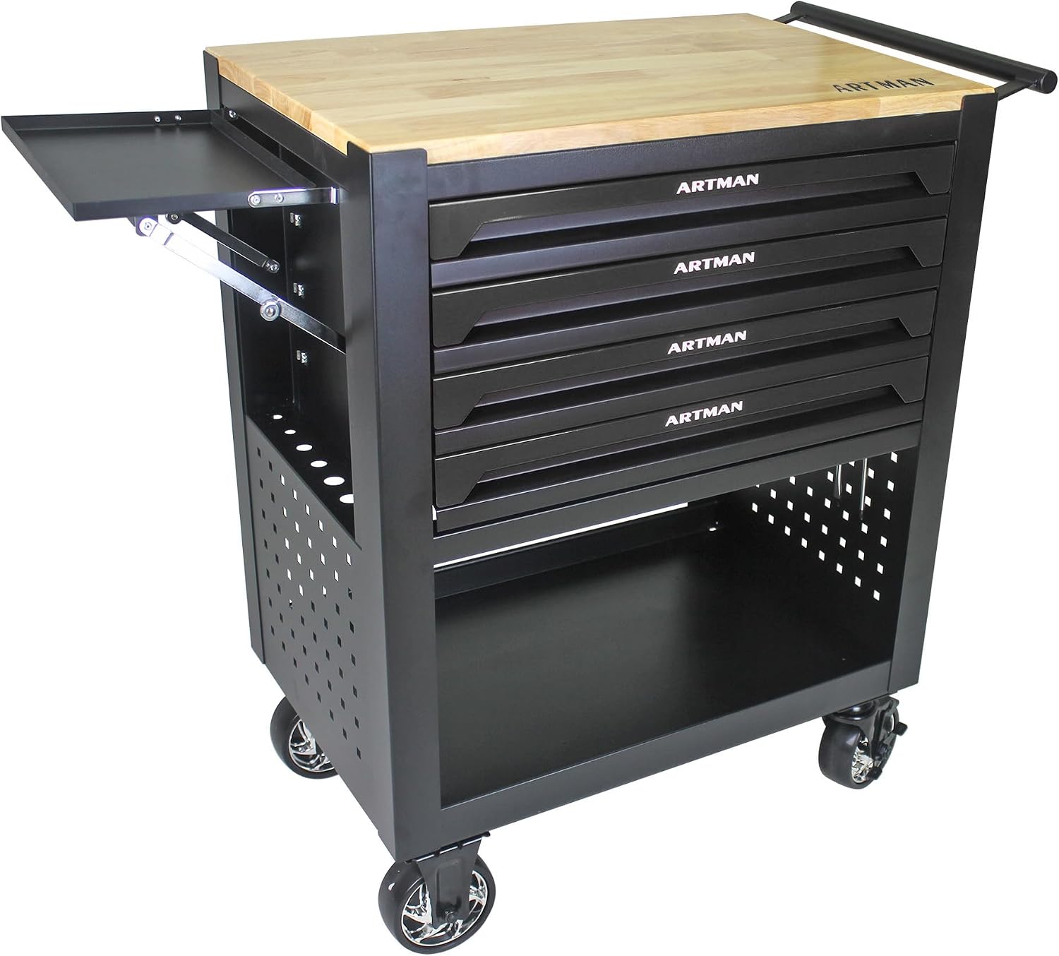 Rolling Tool Cart with 4-Drawer Wood Top Utility Tool Chest on Wheels Mechanic Tool Storage Organizer Cabinet for Garage, Warehouse, Workshop, Repair Shop (Black)