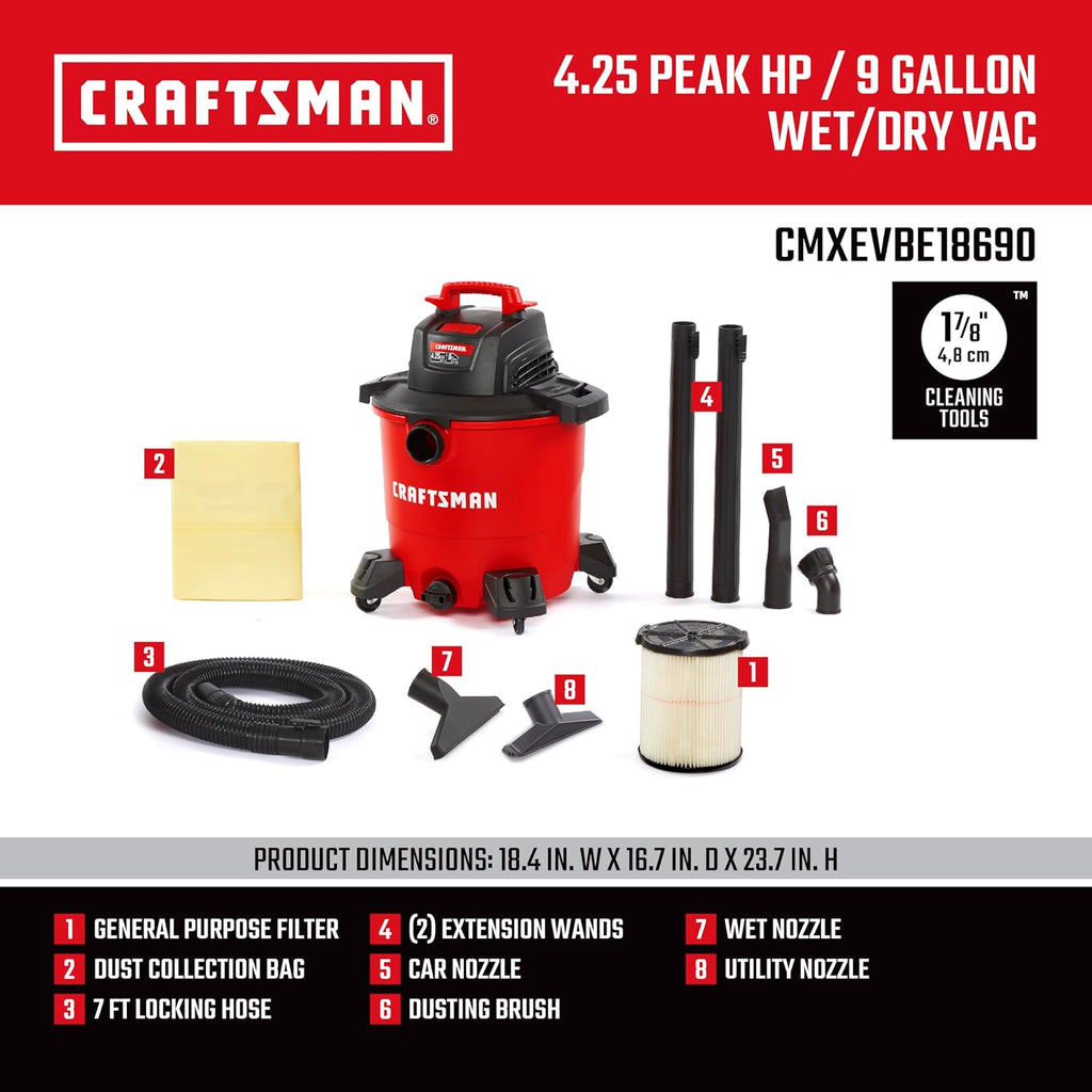 CRAFTSMAN CMXEVBE18690 9 Gallon 4.25 Peak HP Wet Dry Vac, Portable Shop Vacuum Wet and Dry with Filter, Dust Bag, Dusting Brush, Hose and Attachments for Home, Garage and Automotive Cleaning