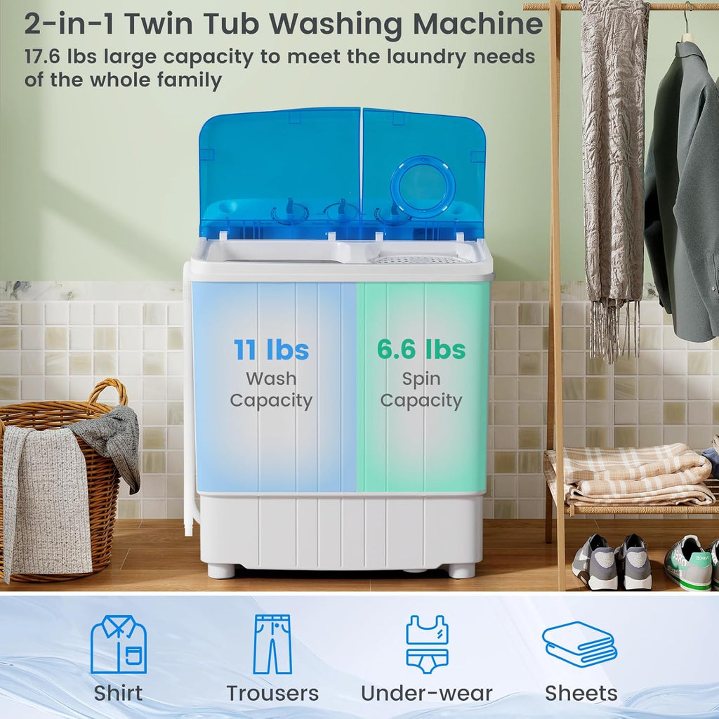 COSTWAY Portable Washing Machine, 17.6 lbs Capacity Twin Tub 11 lbs Washer and 6.6 lbs Spinner with Control Knobs, Timer Function, Drain Pump, Compact Laundry washer for Home Dorm Apartment RV (Blue)