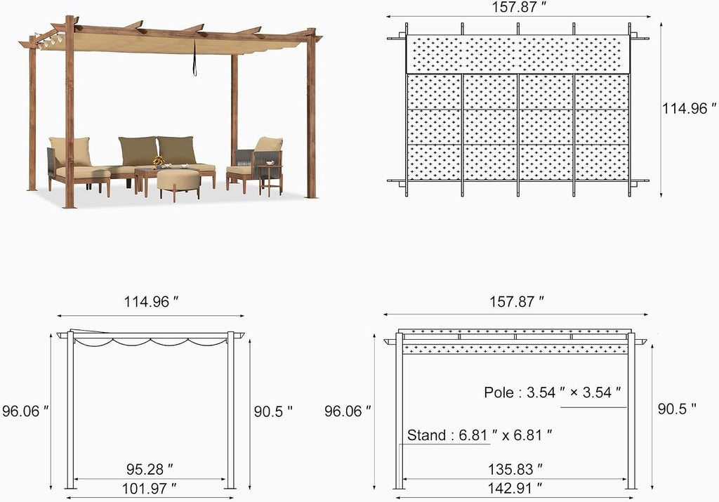 PURPLE LEAF 10' x 13' Outdoor Retractable Pergola with Sun Shade Canopy Patio Metal Shelter for Garden Porch Pavilion Natural Wood Grain Frame Modern Yard Grill Pergola with 24 LED Lights Khaki