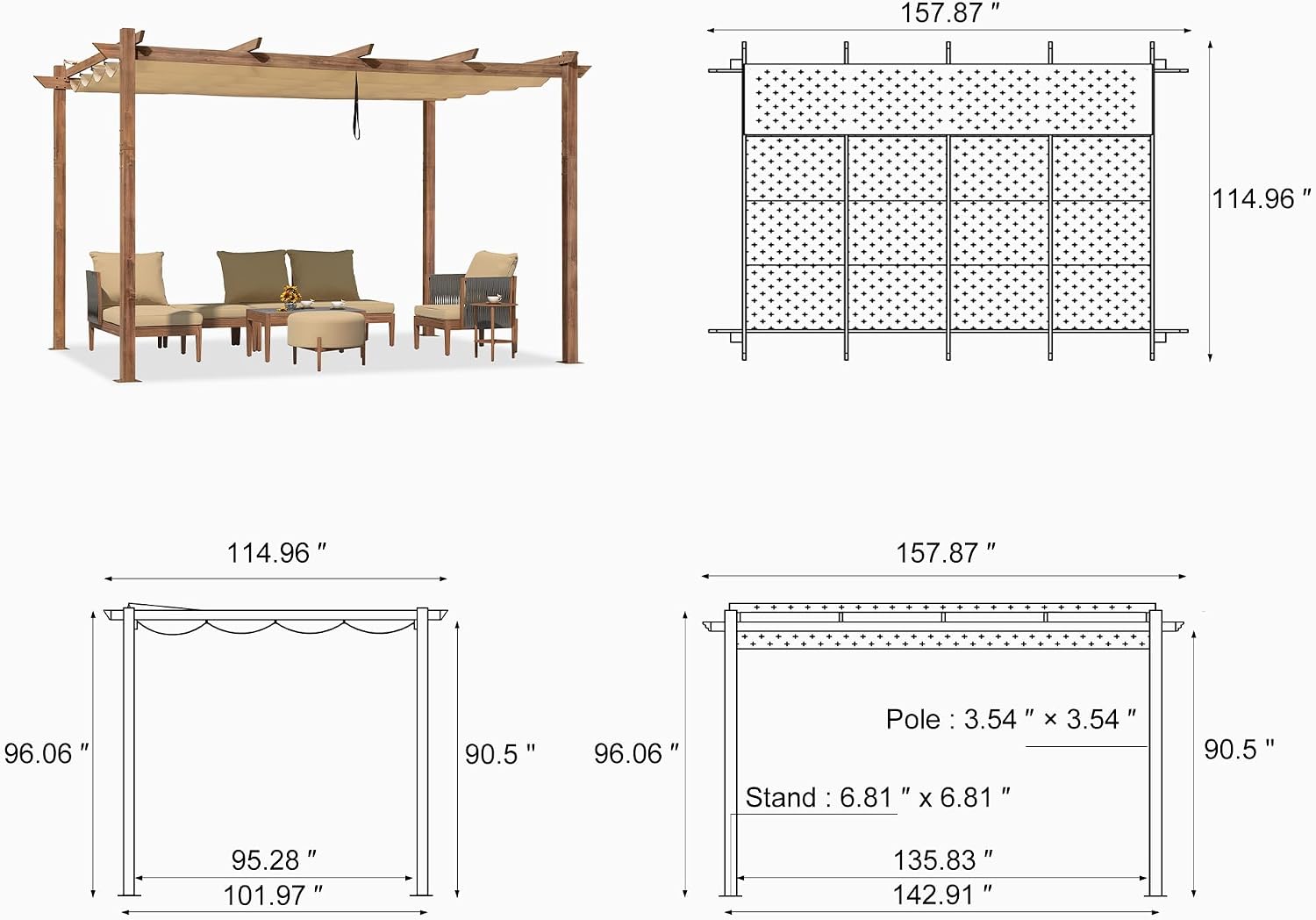 PURPLE LEAF 10' x 13' Outdoor Retractable Pergola with Sun Shade Canopy Patio Metal Shelter for Garden Porch Pavilion Natural Wood Grain Frame Modern Yard Grill Pergola with 24 LED Lights Khaki