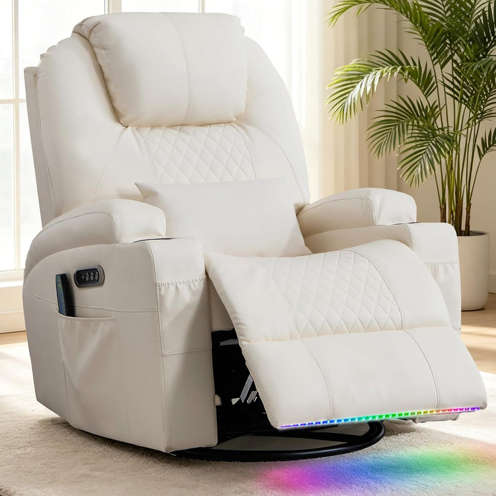 Dual Motor Power Swivel Rocker Recliner Chair for Adults with Heat and Massage,Electric Wall Hugger Glider Rocking Recliner for Nursery Living Room with LED Lights,USB A&C Ports(Beige, Single)