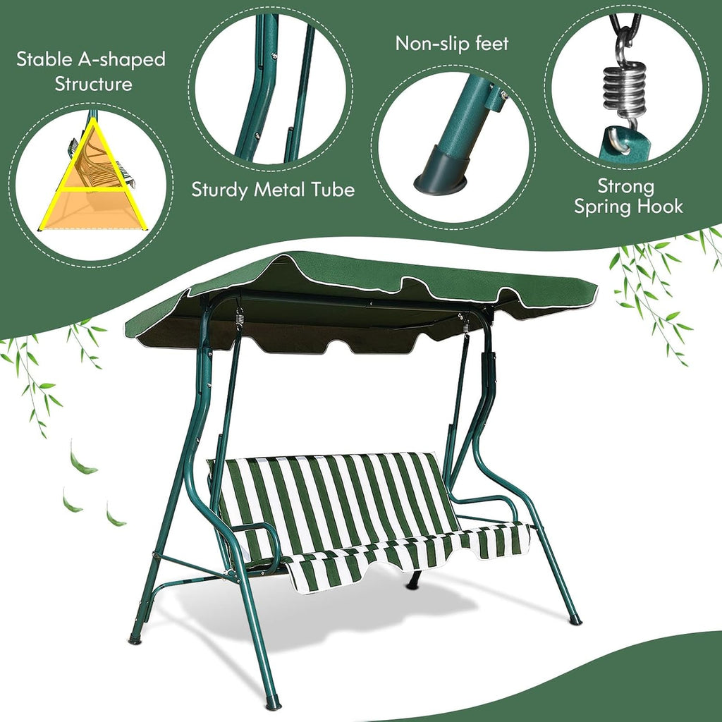 DREAMADE Porch Swing Outdoor, 3 Person Patio Swing w/Removable Cushion, Stand & Adjustable Canopy, Heavy Duty Swing Chair for Patio, Garden, Courtyard, Poolside
