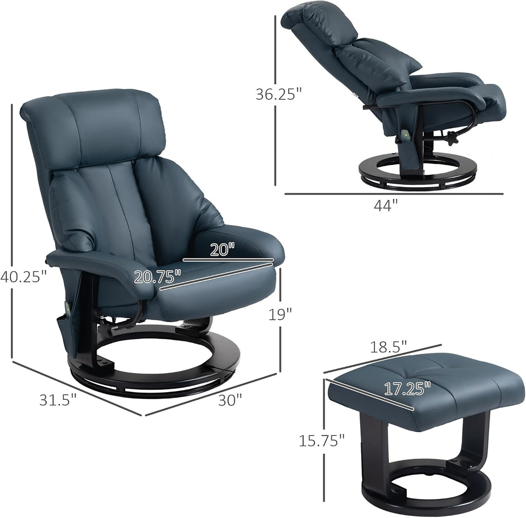 HOMCOM Massage Recliner Chair with Ottoman, 360° Swivel Recliner and Footstool, 10 Point Vibration, PU Leather Reclining Chair with Side Pocket and Remote Control, Blue