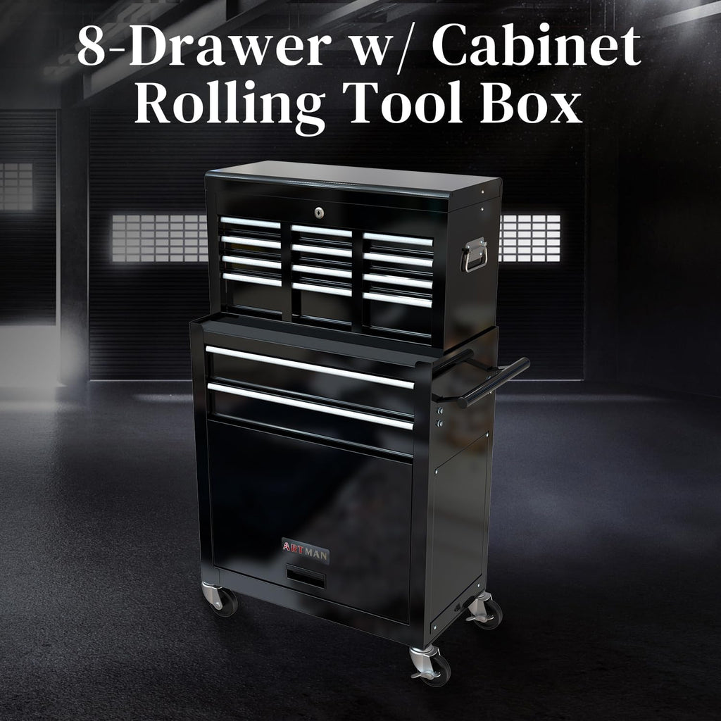 High Capacity Rolling Tool Chest with 8-Drawer Tool Box on Wheels Multifunctional Tool Cart Mechanic Tool Storage Cabinet for Garage, Warehouse, Workshop, Repair Shop (Black)