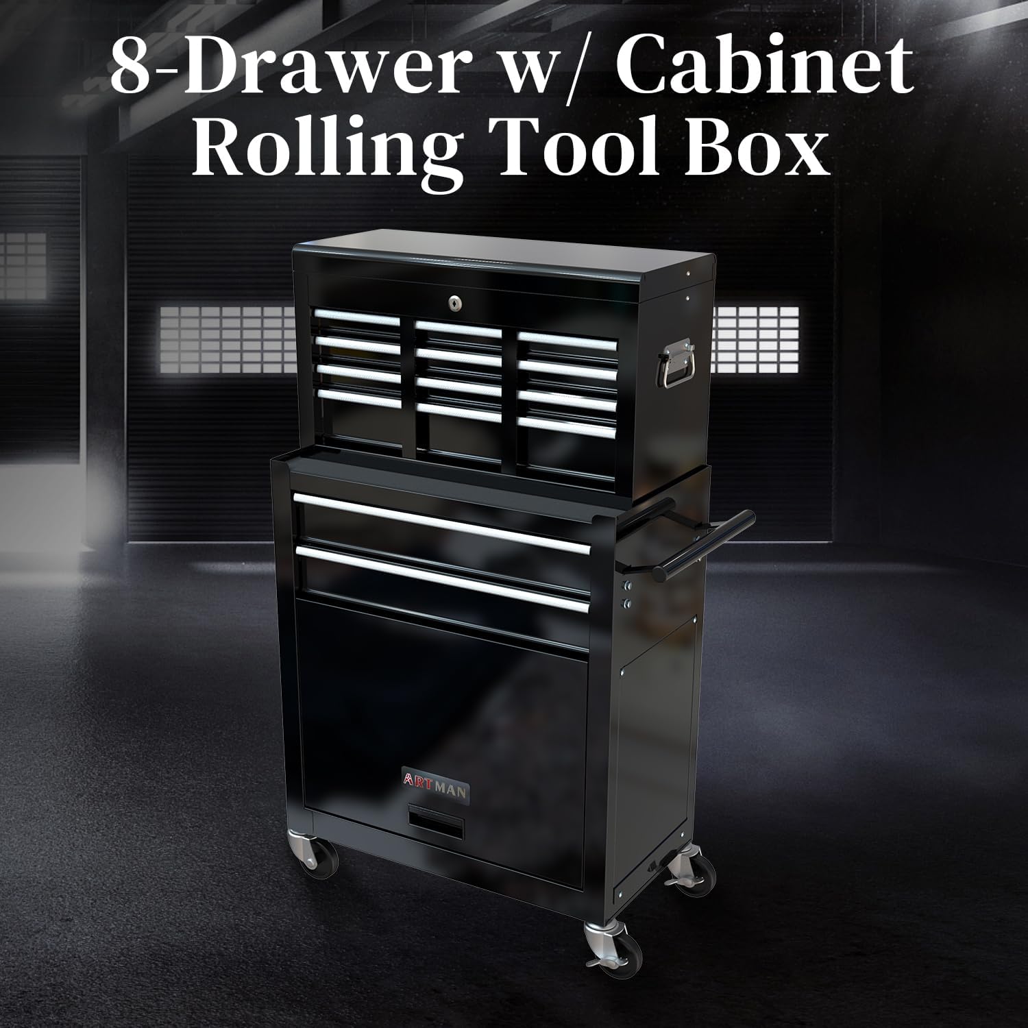 High Capacity Rolling Tool Chest with 8-Drawer Tool Box on Wheels Multifunctional Tool Cart Mechanic Tool Storage Cabinet for Garage, Warehouse, Workshop, Repair Shop (Black)