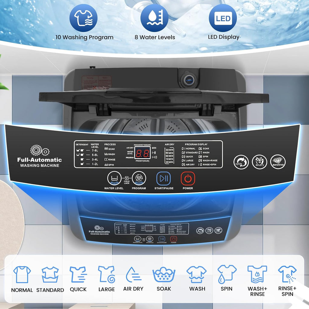Portable Washing Machine 17.8lbs, 2.4 Cu.ft Full Automatic Washing Machine with Drain Pump, Portable Washer with 10 Wash Programs & 8 Water Levels for Apartment, Home, Dorm, RV