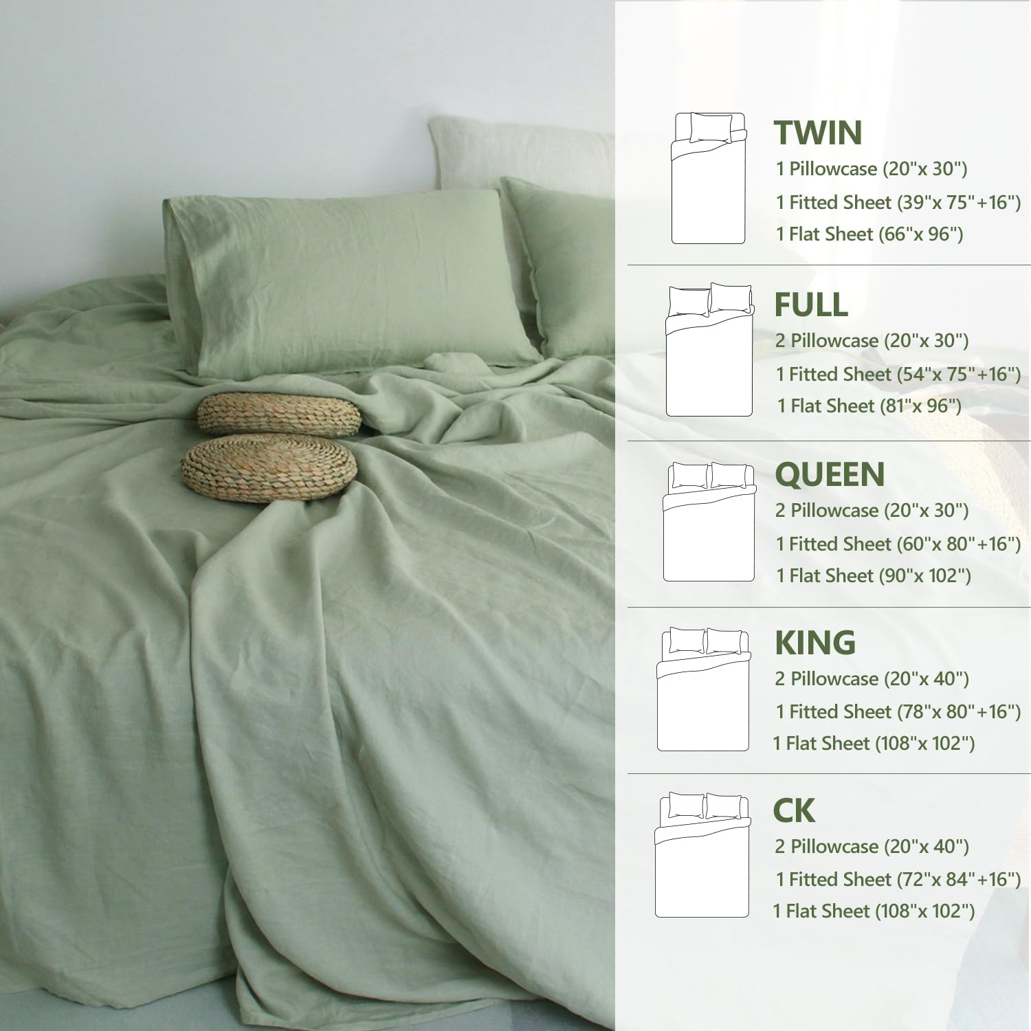 S VICTORY SYMBOL 100% Organic French Natural Linen Bed Sheets,Stone Washed 3 Pieces Sheets Set,Ultra Soft Luxurious Breathable Bedding(Light Green,Twin)