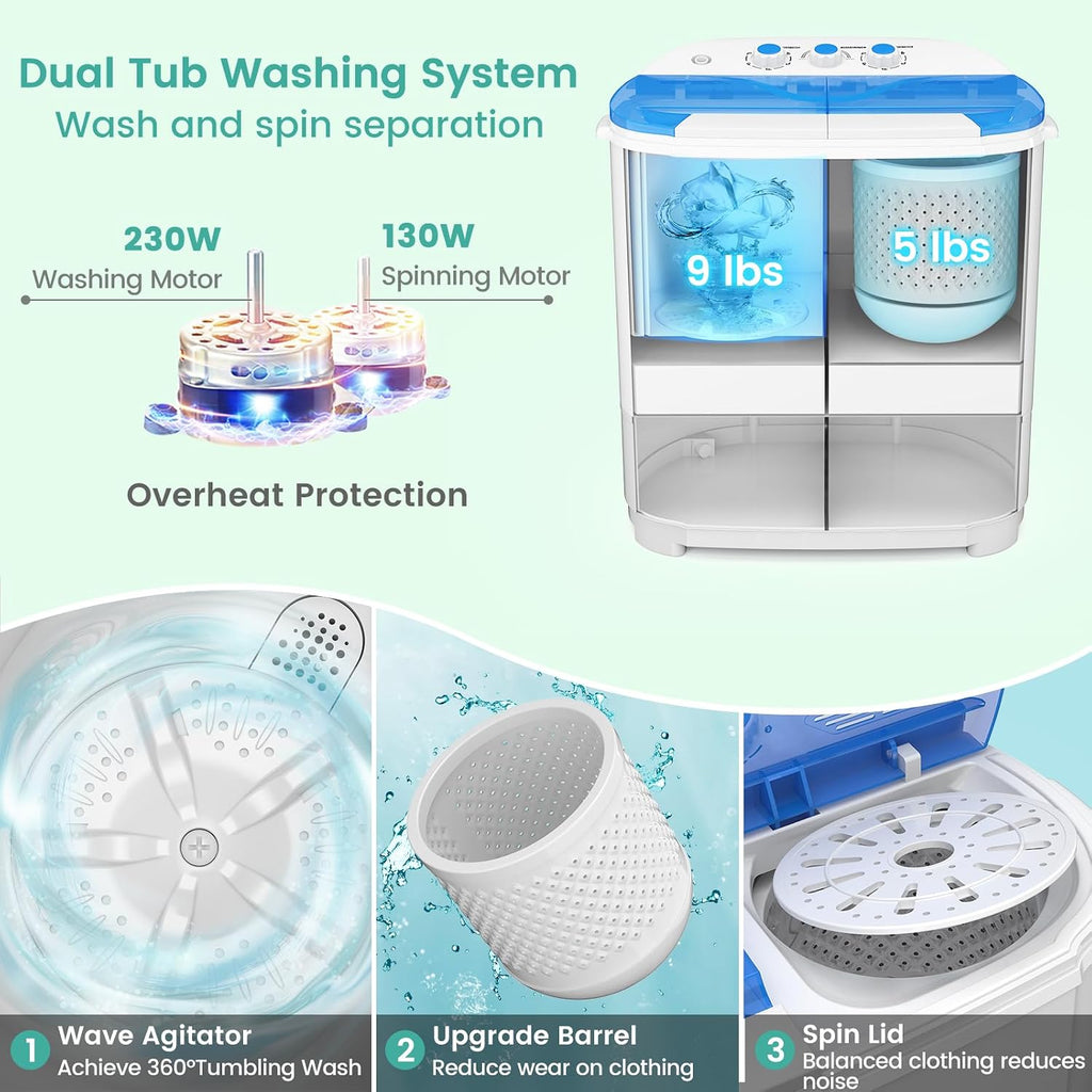 Auertech 14 Lbs Portable Washing Machine, Portable Washer for Apartment with 9 Lbs Washer, 5 Lbs Spinner, Mini Compact Top Load Washing Machine for RV Dorm Small Space