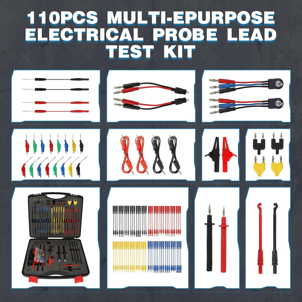 110PCS Automotive Test Lead Kit, AES Wave Multimeter Lead Kit with Back Probes, Piercing Clips & Alligator Clips, Multi-Function Diagnostic Tools for Cars, Trucks & EVs, with Carrying Case