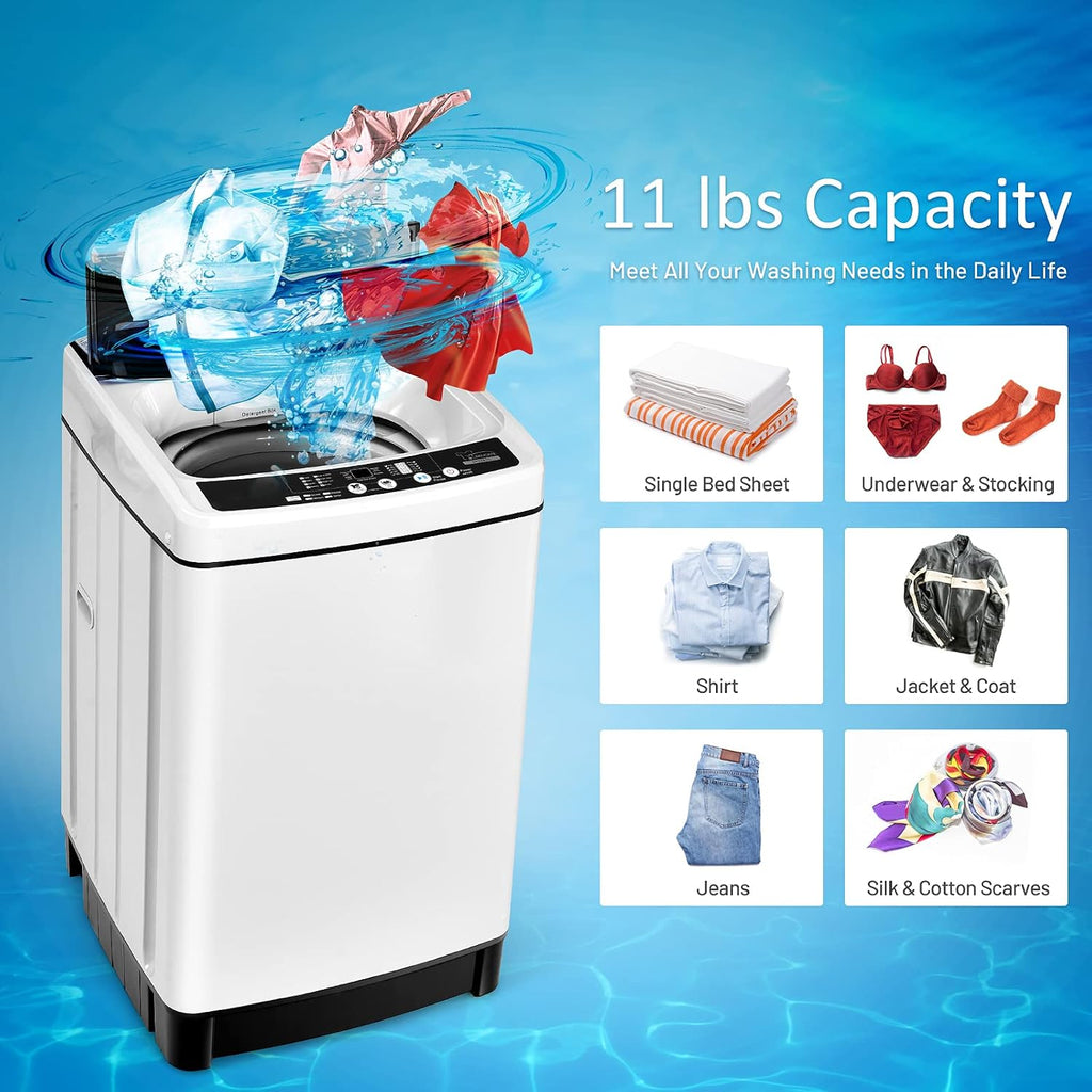 COSTWAY Portable Washing Machine, 11Lbs Capacity Full-automatic Washer with 8 Wash Programs, LED Display, 10 Water Levels, Compact Laundry Washer and Spinner Combo for Apartment Dorm, White