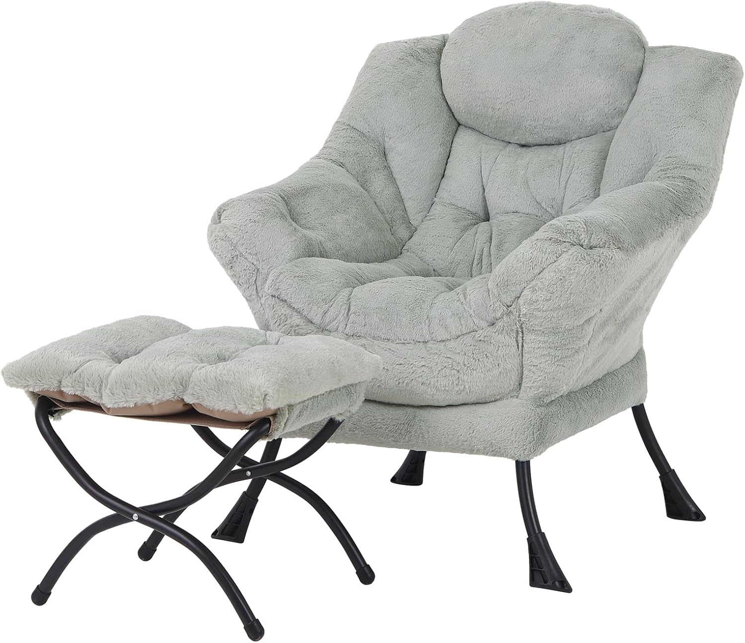 Welnow Lazy Chair with Ottoman, Modern Accent Chair with Armrests and a Side Pocket, Leisure Sofa Armchair, Reading Armchair with Footrest for Small Space, Plush Green