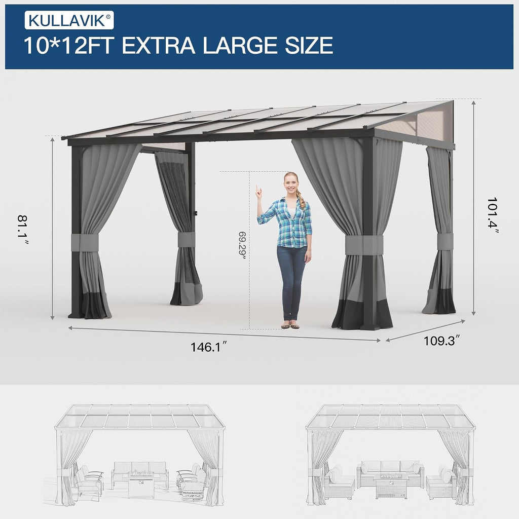 Kullavik 10' × 12' Hardtop Gazebo for Patio,Wall-Mounted Lean to Gazebo Pergola with Sloping Roof and Durable Aluminum Frame,Large Heavy Duty Awnings for Decks,Backyard,Grey