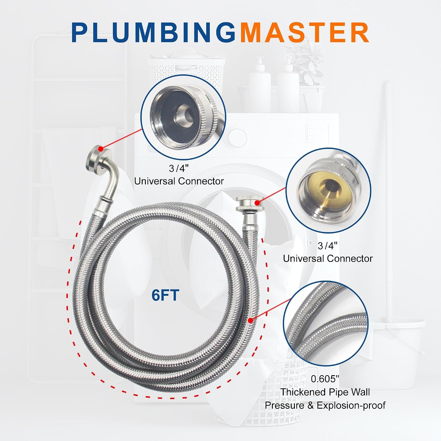（40 Pack）PLUMBINGMASTER 6Ft Washing Machine Hoses, Washer Hoses with 90 Degree Elbows Universal Stainless Steel Washing Machine Supply Lines Braided Washer Hoses for Washing Machine 20 Pairs