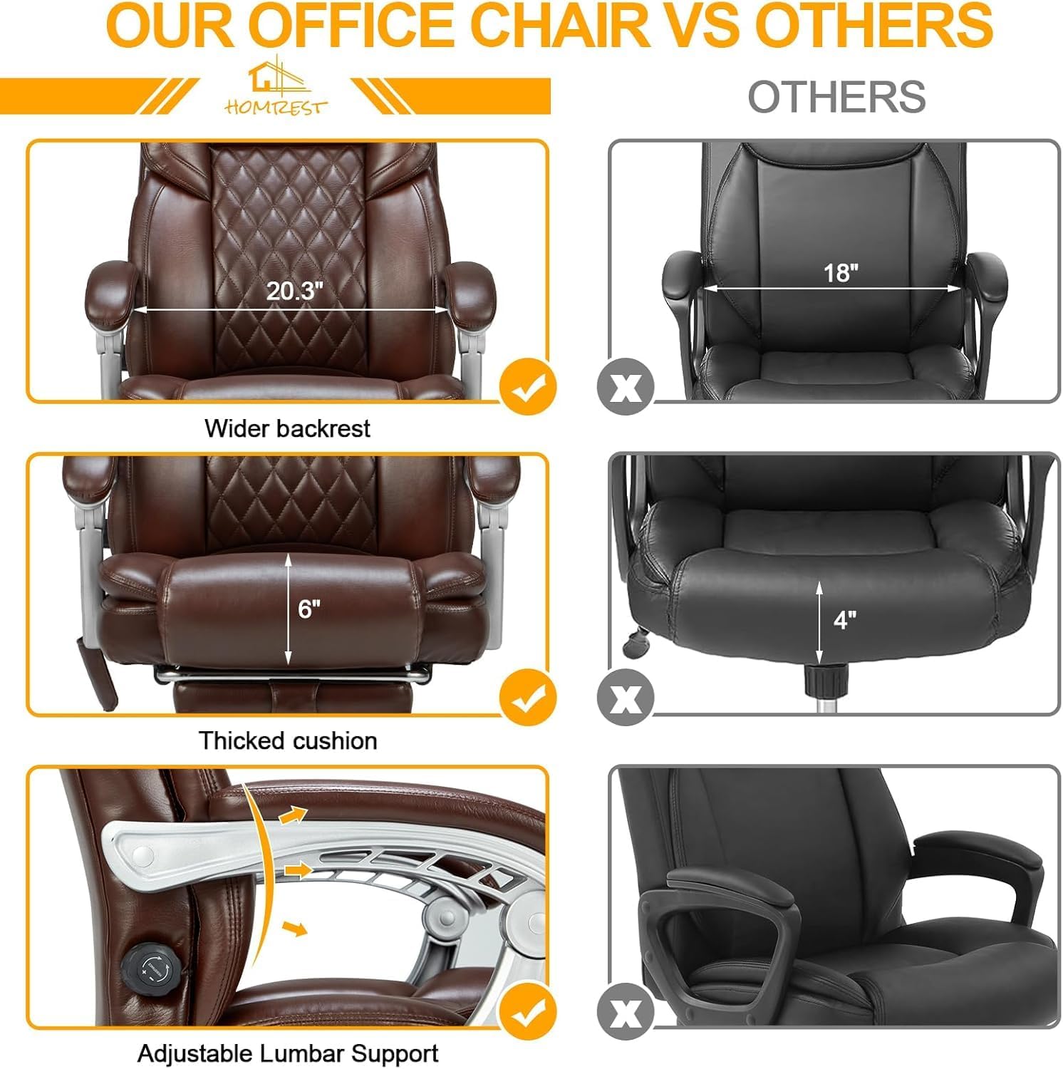 HOMREST 2-Point Massage Office Chair with Lumbar Support, Heated Executive Office Chair, Computer Gaming Chair with with Adjustable Backrest for Home Office, Brown
