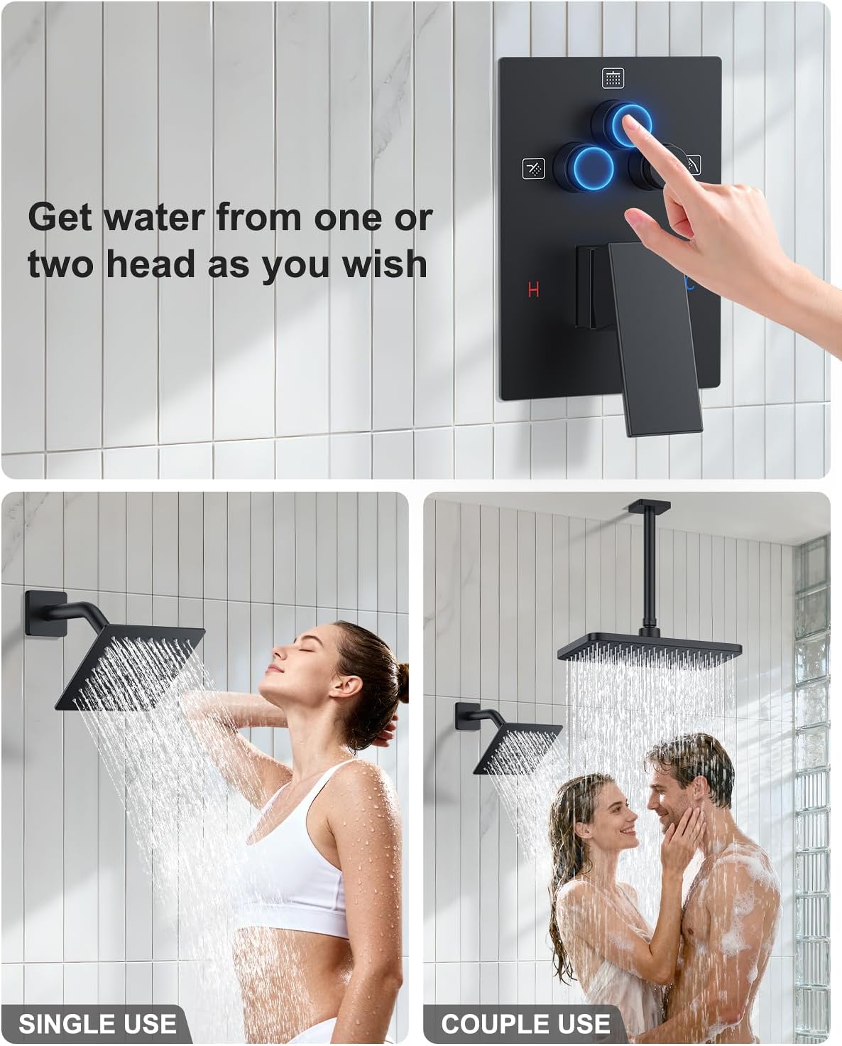 KOJOX Matte Black Dual Shower Head System – 11' Ceiling Rainfall + 6' Wall Mount Heads, 6-Mode Handheld Spray, Push-Button Diverter Faucet Set