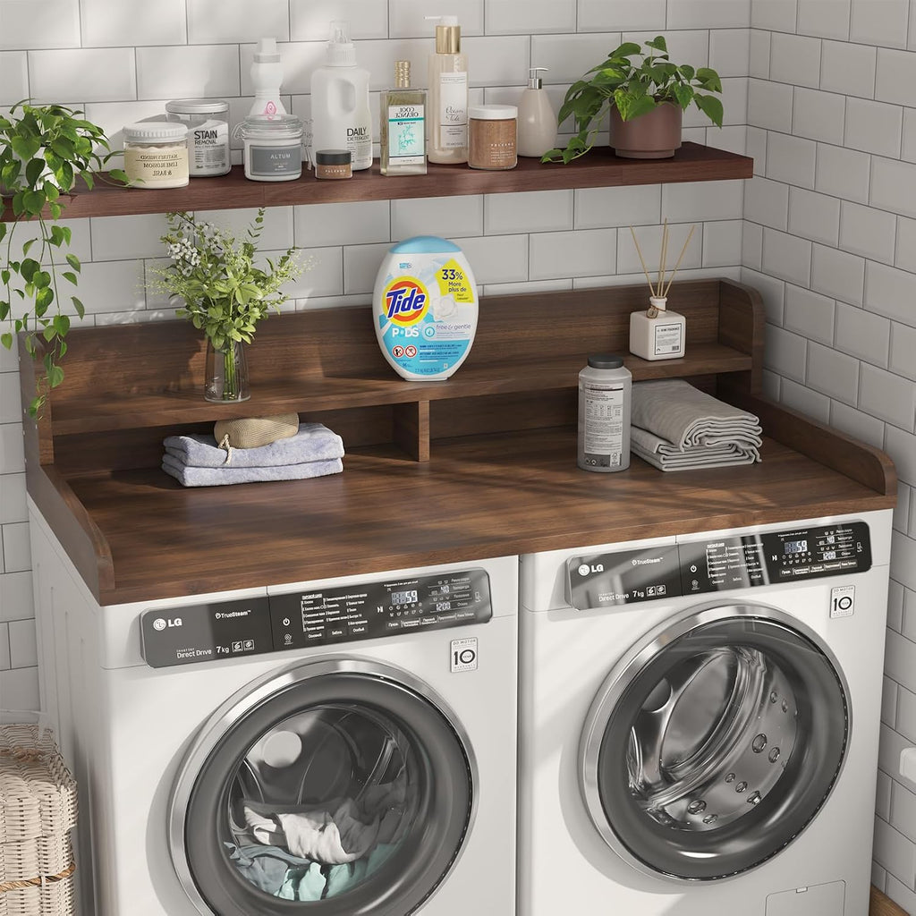 2-Tier Washer Dryer Countertop with 2.75' H Edge Rails, 58' W x 28' D Laundry Countertop for Folding Clothes, Washer and Dryer Topper with Non-Slip Pad (Dark Walnut)