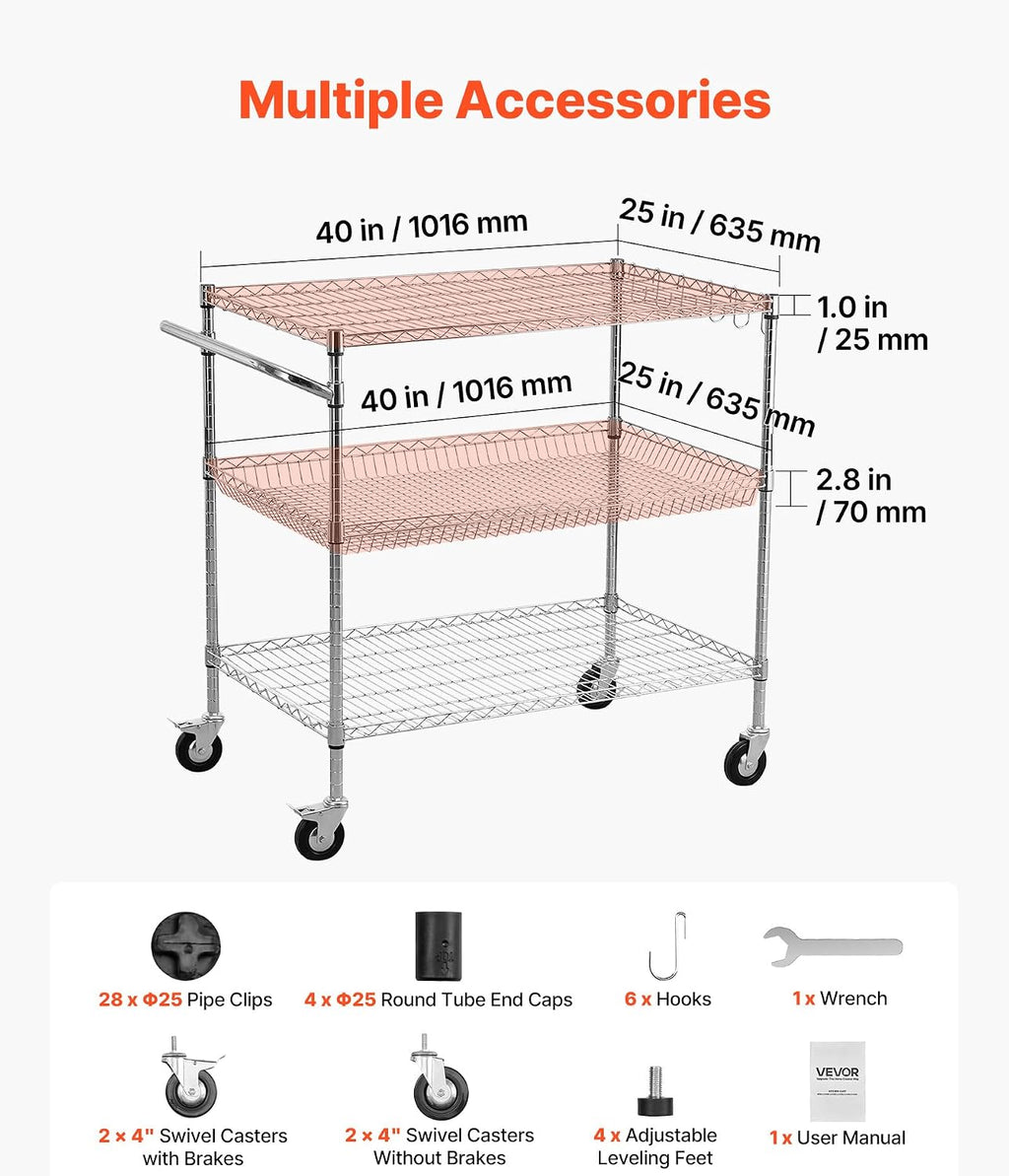 VEVOR Kitchen Utility Cart, 3 Tier Heavy Duty Adjustable Wire Storage Rack, Commercial Steel Rolling Service Trolley on Wheels, Work Table with Handle Bar, for Garage and Laundry Room, 40x25x40.9 in