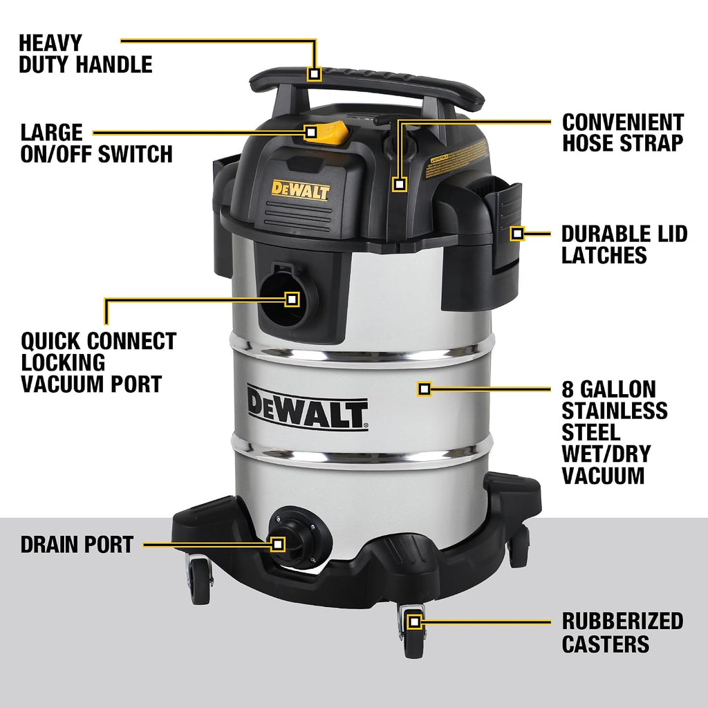 DEWALT DXV08S 8 Gallon Wet/Dry Vacuum, 4 Peak HP Shop Vacuum, Stainless Steel Tank, Silver