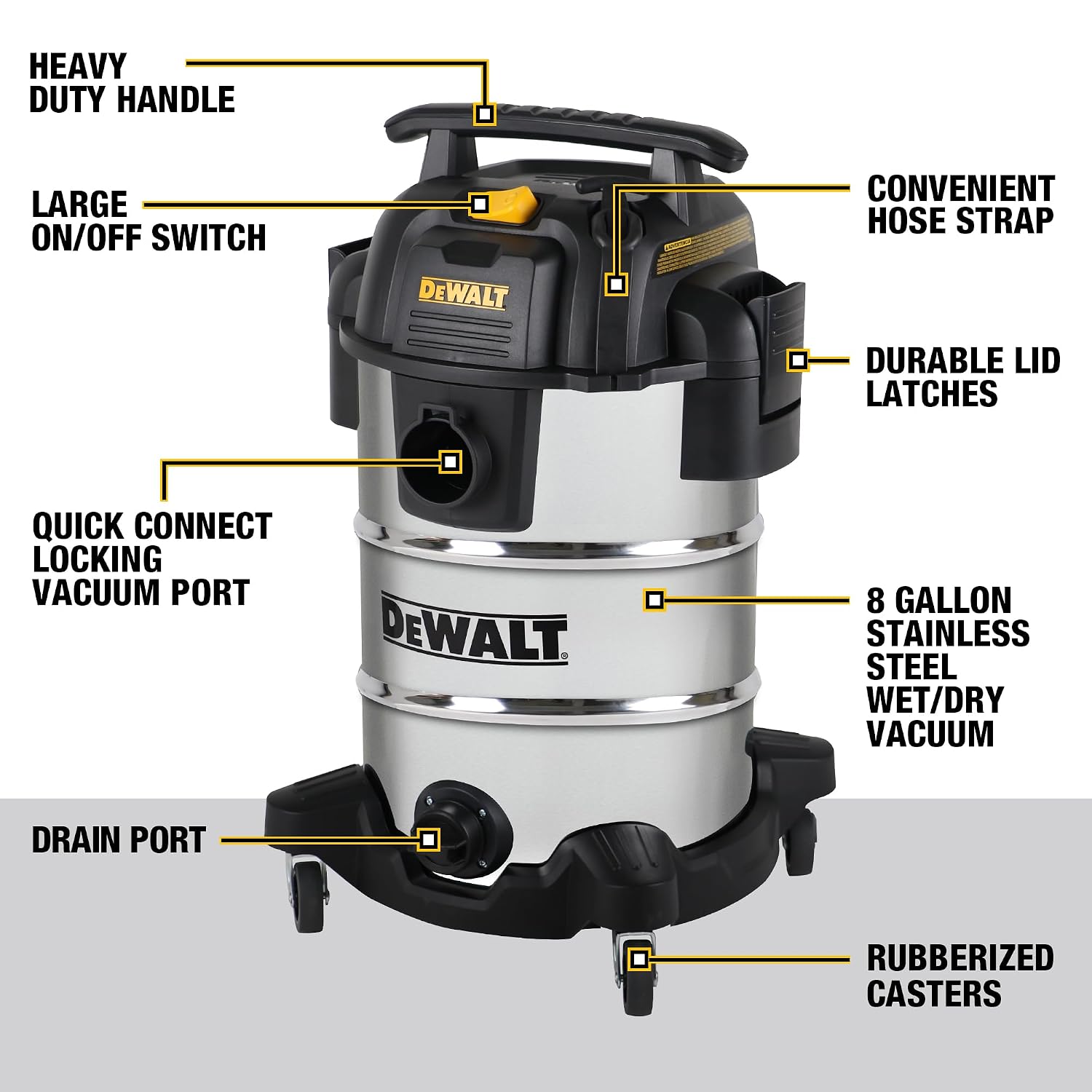 DEWALT DXV08S 8 Gallon Wet/Dry Vacuum, 4 Peak HP Shop Vacuum, Stainless Steel Tank, Silver