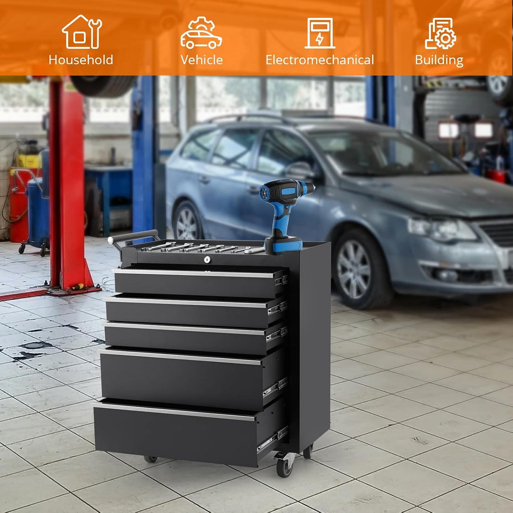 Toolbox with Five Drawers with Key Lock and Drawer Liner Removable on Wheels for garages, Warehouses, workshops and Repair Stores - Black