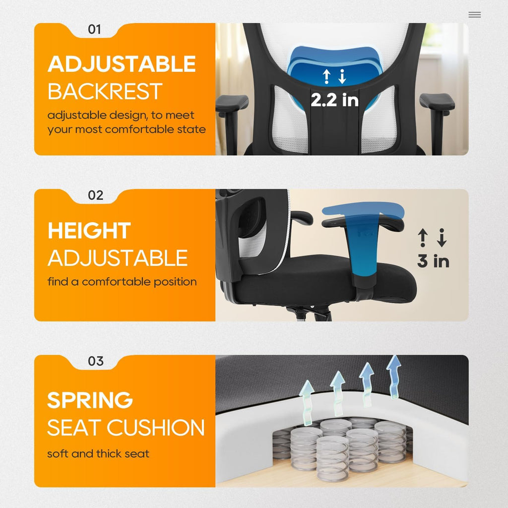 BestOffice Big & Tall Office Chair, 400 lb Capacity Mesh Desk Seating with Lumbar Support, Wide Seat, Adjustable Arms, Rolling Swivel High-Back Ergonomic Executive Task Model for Home Office, White