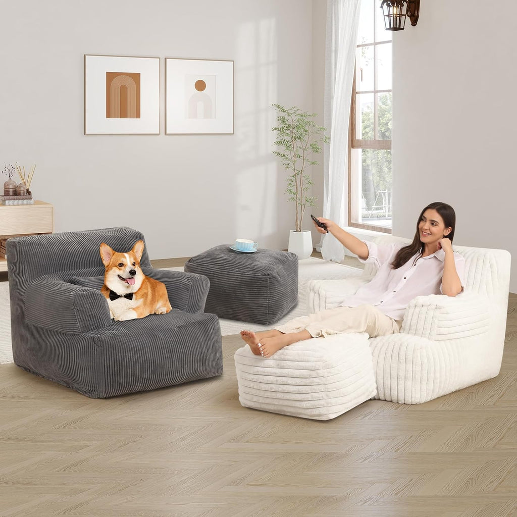 MOMCAYWEX Comfy Gaint Bean Bag Chair with Ottoman, Fluffy Huge Bean Bag Armchair for Adults and Teens, Cream